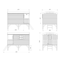 Teknisk ritning av en lekstuga på pelare med mått