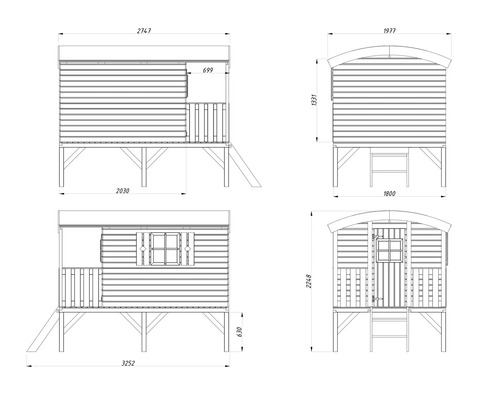 Teknisk ritning av en lekstuga på pelare med mått