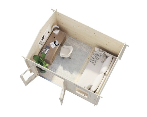 Interiör av ett trädgårdshus i trä med kontorsutrymme och sovplats