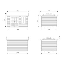 Teknisk ritning av ett trädgårdshus med mått