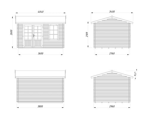 Teknisk ritning av ett trädgårdshus med mått