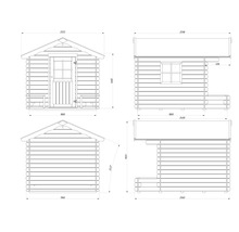 Teknisk ritning av ett trädgårdshus med mått