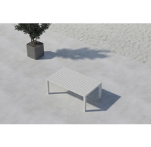 Trädgårdsbord med lamellstruktur och krukväxt