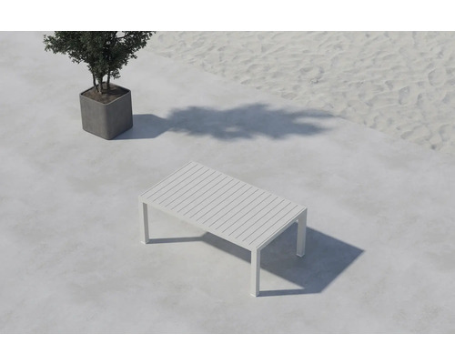 Trädgårdsbord med lamellstruktur och krukväxt