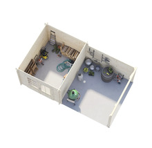 Vy över ett trädgårdshus med trädgårdsredskap och tillbehör