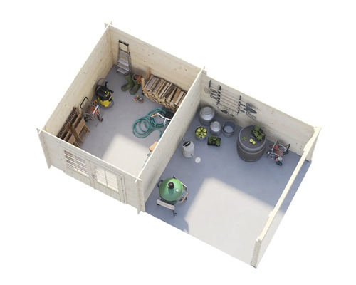 Vy över ett trädgårdshus med trädgårdsredskap och tillbehör