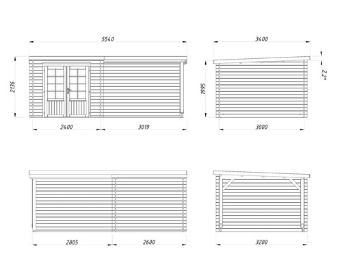 Teknisk ritning av ett trädgårdshus med dimensioner