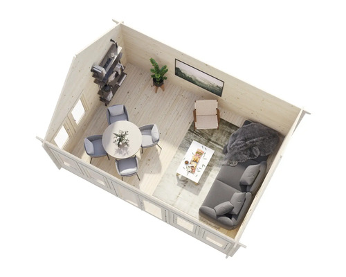 Interiörbild av ett ljust trädgårdshus i trä med möbler