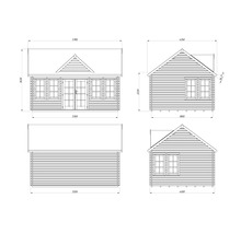 Teknisk ritning av ett trädgårdshus med mått.