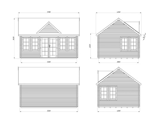 Teknisk ritning av ett trädgårdshus med mått.