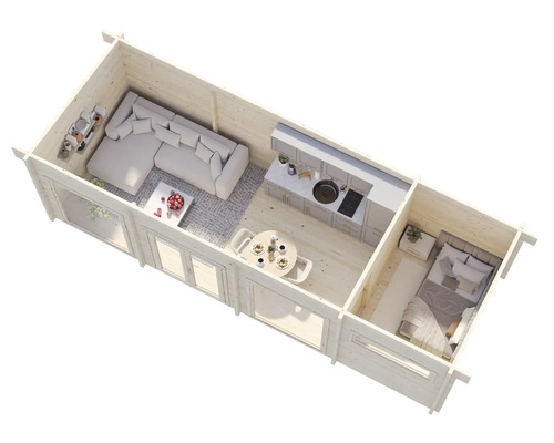 Ritning av ett trähus med vardagsrum, kök och sovrum