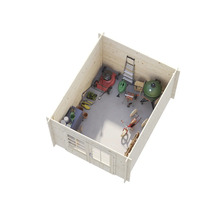 Översikt av ett trädgårdshus med gräsklippare, grill, stege och trädgårdsredskap