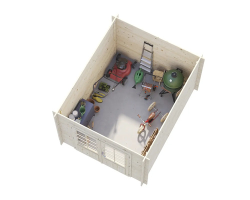 Översikt av ett trädgårdshus med gräsklippare, grill, stege och trädgårdsredskap