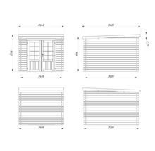 Teknisk ritning av ett trädgårdsskjul med mått.