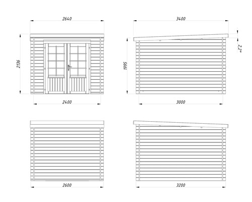 Teknisk ritning av ett trädgårdsskjul med mått.