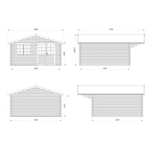 Teknisk ritning av ett trädgårdshus med mått