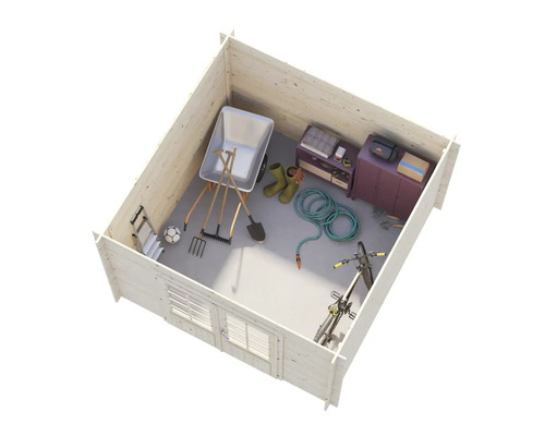 Trädgårdshus i trä med skottkärra, trädgårdsredskap, stövlar, möbler och cykel