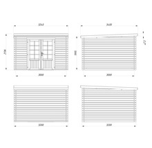 Teknisk ritning av ett trädgårdshus med mått.