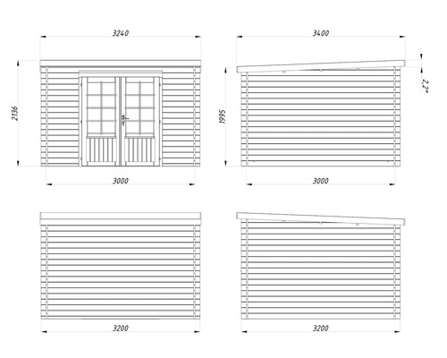 Teknisk ritning av ett trädgårdshus med mått.