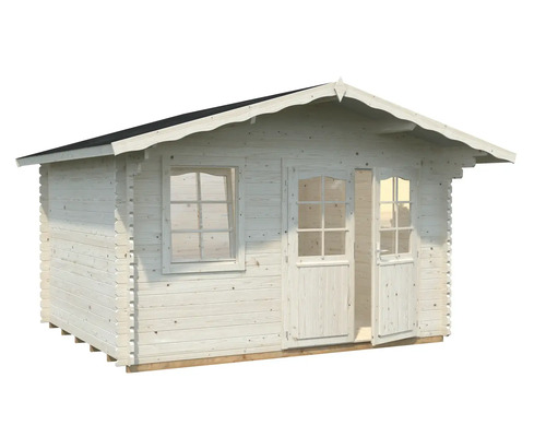 Trädgårdshus av trä med fönster och dubbeldörr