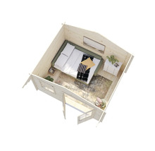 Interiör av ett trähus med säng, byrå och fönster