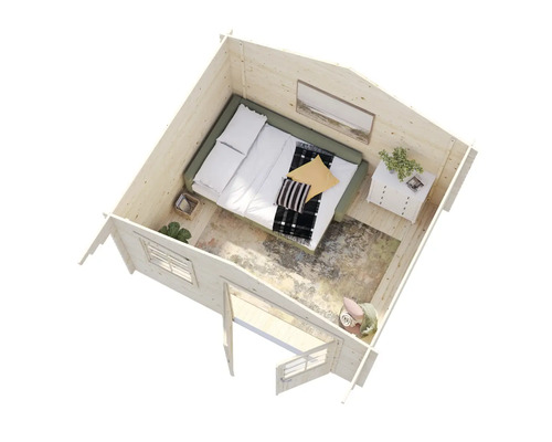 Interiör av ett trähus med säng, byrå och fönster