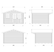 Teknisk ritning av ett trädgårdshus med mått