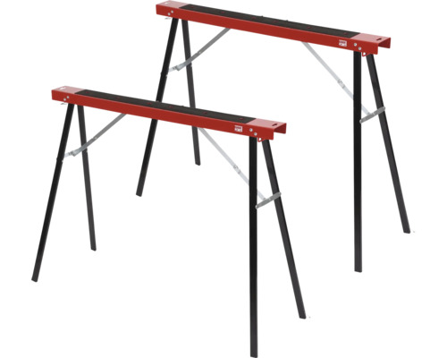 Två rödsvarta arbetsbockar av metall