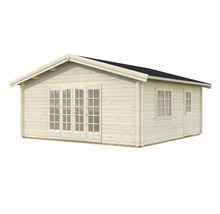 Trädgårdshus i trä med dubbeldörr, fönster och sadeltak