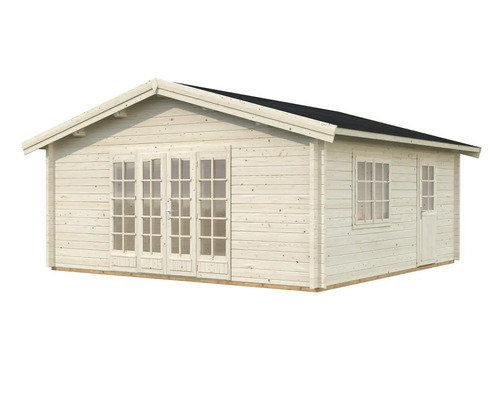 Trädgårdshus i trä med dubbeldörr, fönster och sadeltak