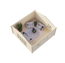 Interiörbild av en timmerstuga med möbler