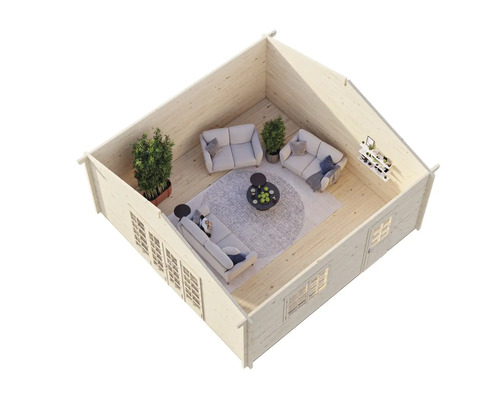 Interiörbild av en timmerstuga med möbler