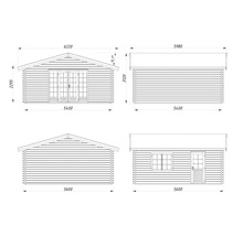 Teknisk ritning av ett trädgårdshus med mått