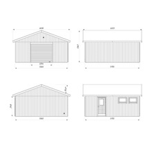 Teknisk ritning av en trädgårdshusvy med mått