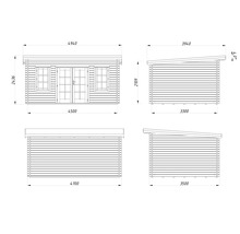 Teknisk ritning av ett trädgårdshus med mått.