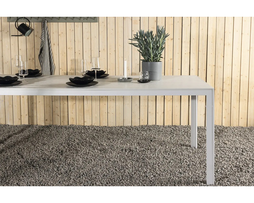 Dukat matbord utomhus med porslin, glas, dekoration och växter