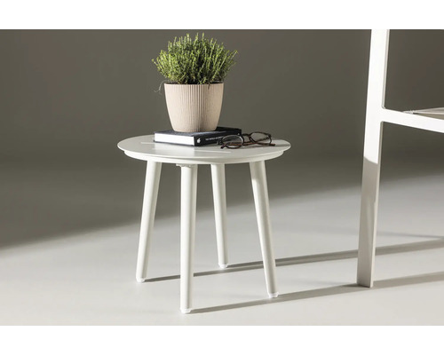 Runt sidobord med växt, bok och glasögon