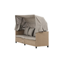 Trädgårdsstrandkorg i rotting med soltak, kuddar och förvaringsutrymme