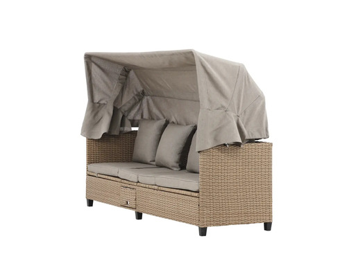 Trädgårdsstrandkorg i rotting med soltak, kuddar och förvaringsutrymme