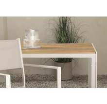 Detaljvy av ett trädgårdsbord med ett dekorativt föremål och en växt