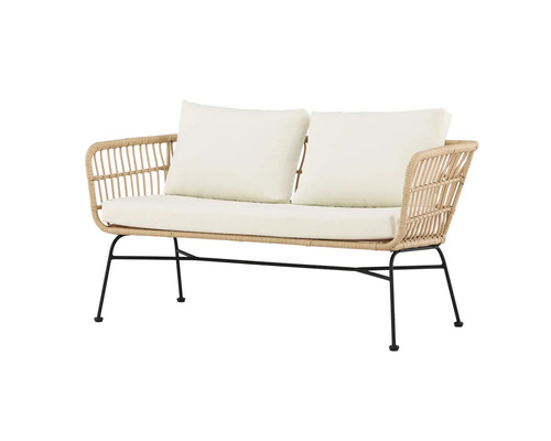 Två sits trädgårdsbänk med rottingram, sittdyna och ryggkuddar