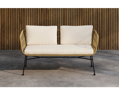 Trädgårdssoffa med rottingstruktur och svarta metallben