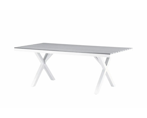 Rektangulärt trädgårdsbord med bordsskiva och underrede i korsform