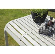 Detaljvy av ett trädgårdsbord med blomkruka och korg