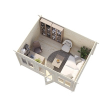 Interiör av en trädgårdsstuga med kontorshörna och sittgrupp