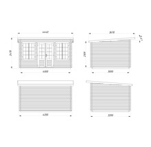 Teknisk ritning av ett trädgårdshus med mått
