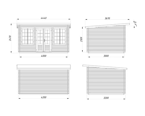 Teknisk ritning av ett trädgårdshus med mått