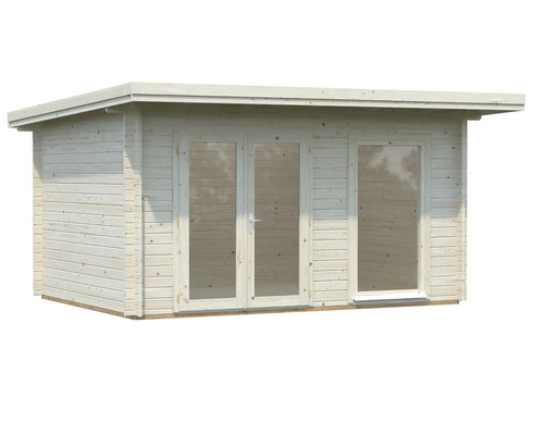 Trädgårdshus av trä med fönster och dubbeldörr