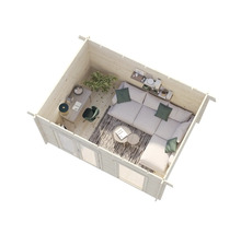 Interiör av ett trädgårdshus med sittgrupp och skrivbord