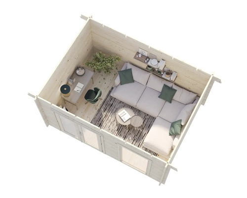 Interiör av ett trädgårdshus med sittgrupp och skrivbord